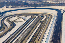 Oberwald industrial area, Daimler truck test track in winter with snow in Wörth am Rhein in the state Rhineland-Palatinate, Germany seen from above