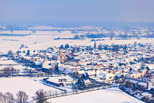 Aerial view of Town center in winter with snow in Neupotz in the state Rhineland-Palatinate, Germany