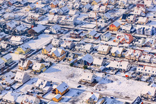 Aerial photograpy of New development area In den Tongruben from the east in winter with snow in Rheinzabern in the state Rhineland-Palatinate, Germany
