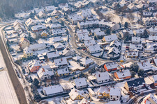 Aerial view of At clay pits in winter with snow in Rheinzabern in the state Rhineland-Palatinate, Germany