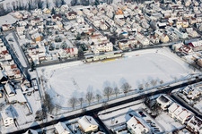 Wintry snowy Sports grounds and football pitch of Sportverein Olympia in Rheinzabern in the state Rhineland-Palatinate, Germany