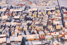 Aerial view of Luitpoldstraße in winter with snow in Hatzenbühl in the state Rhineland-Palatinate, Germany