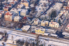 Aerial photograpy of Train station in winter with snow in Kandel in the state Rhineland-Palatinate, Germany