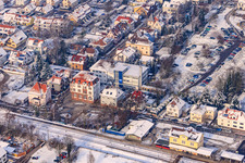 Oblique view of Train station in winter with snow in Kandel in the state Rhineland-Palatinate, Germany