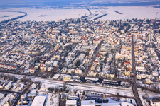 Aerial view of Garden Street in winter with snow in Kandel in the state Rhineland-Palatinate, Germany