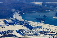 Oberwald industrial area, Palm paper factory from the southwest in winter with snow in Wörth am Rhein in the state Rhineland-Palatinate, Germany