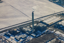 Power plant of the Daimler truck plant in winter with snow in the district Maximiliansau in Wörth am Rhein in the state Rhineland-Palatinate, Germany