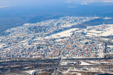 Aerial photograpy of City view from the southeast in winter with snow in Wörth am Rhein in the state Rhineland-Palatinate, Germany