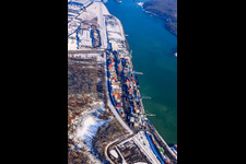 Aerial view of Container port at the Landeshafen Wörth in winter with snow in the district Maximiliansau in Wörth am Rhein in the state Rhineland-Palatinate, Germany
