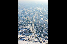 Rheinbrückenstr in winter with snow in the district Knielingen in Karlsruhe in the state Baden-Wuerttemberg, Germany