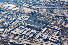 Oblique view of SIEMENS AG in winter with snow in the district Knielingen in Karlsruhe in the state Baden-Wuerttemberg, Germany