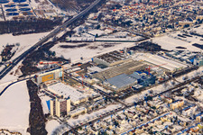 L'Oreal Produktion Deutschland GmbH from the south in winter with snow in the district Nordweststadt in Karlsruhe in the state Baden-Wuerttemberg, Germany