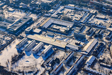 Nancystraße in winter with snow in the district Nordweststadt in Karlsruhe in the state Baden-Wuerttemberg, Germany