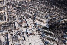 Aerial view of Tennesseeallee in winter with snow in the district Nordstadt in Karlsruhe in the state Baden-Wuerttemberg, Germany