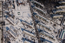 Aerial photograpy of Tennesseeallee in winter with snow in the district Nordstadt in Karlsruhe in the state Baden-Wuerttemberg, Germany