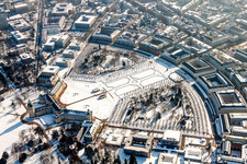 Aerial photograpy of Wintry snowy Building complex in the park of the castle Schloss Karlsruhe in Karlsruhe in the state Baden-Wurttemberg, Germany