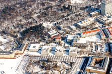 Wintry snowy Campus building of the University of Applied Sciences KIT Campus South(Karlsruhe Institute of Technology) in Karlsruhe in the state Baden-Wurttemberg, Germany