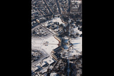 Lock in the district Innenstadt-West in Karlsruhe in the state Baden-Wuerttemberg, Germany from the drone perspective