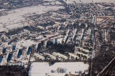 Tennesseeallee in winter with snow in the district Nordstadt in Karlsruhe in the state Baden-Wuerttemberg, Germany out of the air