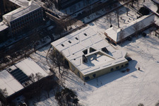 Aerial view of University of Applied Sciences cafeteria in the district Innenstadt-West in Karlsruhe in the state Baden-Wuerttemberg, Germany