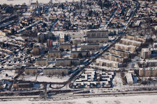 From the east in the district Nordweststadt in Karlsruhe in the state Baden-Wuerttemberg, Germany