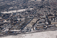 Aerial photograpy of From the east in the district Nordweststadt in Karlsruhe in the state Baden-Wuerttemberg, Germany