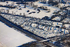 Allotment association Am Junkertschritt eV on the B36 in winter with snow in the district Neureut in Karlsruhe in the state Baden-Wuerttemberg, Germany