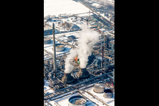 Aerial photograpy of Wintry snowy Refinery equipment and management systems on the factory premises of the mineral oil manufacturers Mineraloelraffinerie Oberrhein in the district Knielingen in Karlsruhe in the state Baden-Wurttemberg, Germany