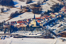 Aerial view of Hinterstädel in winter with snow in Jockgrim in the state Rhineland-Palatinate, Germany