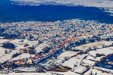 Aerial photograpy of Hinterstädel in winter with snow in Jockgrim in the state Rhineland-Palatinate, Germany