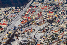 Aerial view of Brickworks Museum and Community Center in winter with snow in Jockgrim in the state Rhineland-Palatinate, Germany