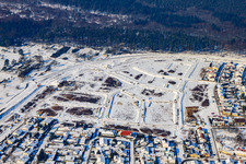 Aerial view of New development area West under development in winter with snow in Jockgrim in the state Rhineland-Palatinate, Germany