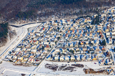 Waldäckerstraße in winter with snow in Jockgrim in the state Rhineland-Palatinate, Germany