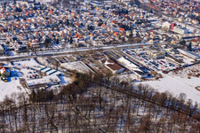Lauterburger Straße commercial area in winter with snow in Kandel in the state Rhineland-Palatinate, Germany