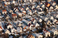 Aerial view of Gartenstadt settlement frozen in winter in Kandel in the state Rhineland-Palatinate, Germany