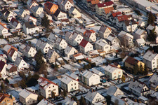Aerial photograpy of Gartenstadt settlement frozen in winter in Kandel in the state Rhineland-Palatinate, Germany