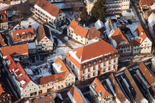 Town Hall, Main Street in winter with snow in Kandel in the state Rhineland-Palatinate, Germany