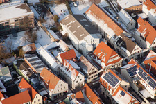 Main street in winter with snow in Kandel in the state Rhineland-Palatinate, Germany seen from above