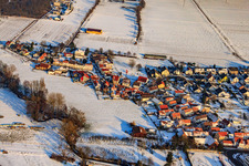 Aerial photograpy of Niedergasse in the snow in Steinweiler in the state Rhineland-Palatinate, Germany