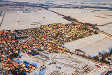 Aerial view of View of the town from the southwest in winter with snow in Rohrbach in the state Rhineland-Palatinate, Germany