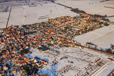 Aerial photograpy of View of the town from the southwest in winter with snow in Rohrbach in the state Rhineland-Palatinate, Germany