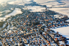 View of the town from the west in winter with snow in the district Billigheim in Billigheim-Ingenheim in the state Rhineland-Palatinate, Germany