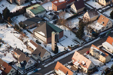 Aerial view of Wintry snowy Town View of the streets and houses of the residential areas in the district Ingenheim in Billigheim-Ingenheim in the state Rhineland-Palatinate