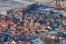 Wine village from the south in winter with snow in Göcklingen in the state Rhineland-Palatinate, Germany
