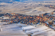 Aerial view of Wine village from the south in winter with snow in Göcklingen in the state Rhineland-Palatinate, Germany