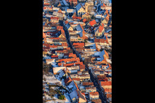Aerial view of Main street in winter with snow in Göcklingen in the state Rhineland-Palatinate, Germany
