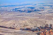 Village view from the west in winter with snow in the district Mörzheim in Landau in der Pfalz in the state Rhineland-Palatinate, Germany