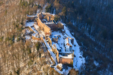 Madenburg castle ruins in winter with snow in Eschbach in the state Rhineland-Palatinate, Germany from above