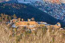 Madenburg castle ruins in winter with snow in Eschbach in the state Rhineland-Palatinate, Germany out of the air