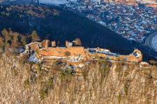 Madenburg castle ruins in winter with snow in Eschbach in the state Rhineland-Palatinate, Germany seen from above